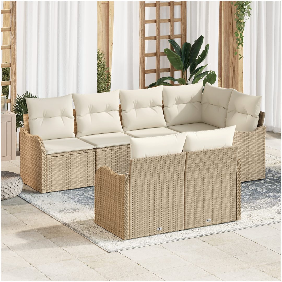 7 Delars Trädgårdsoffa Set med Kuddar Beige Poly Rattan vidaXL Stor