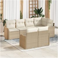 7 Delars Trädgårdsoffa Set med Kuddar Beige Poly Rattan vidaXL