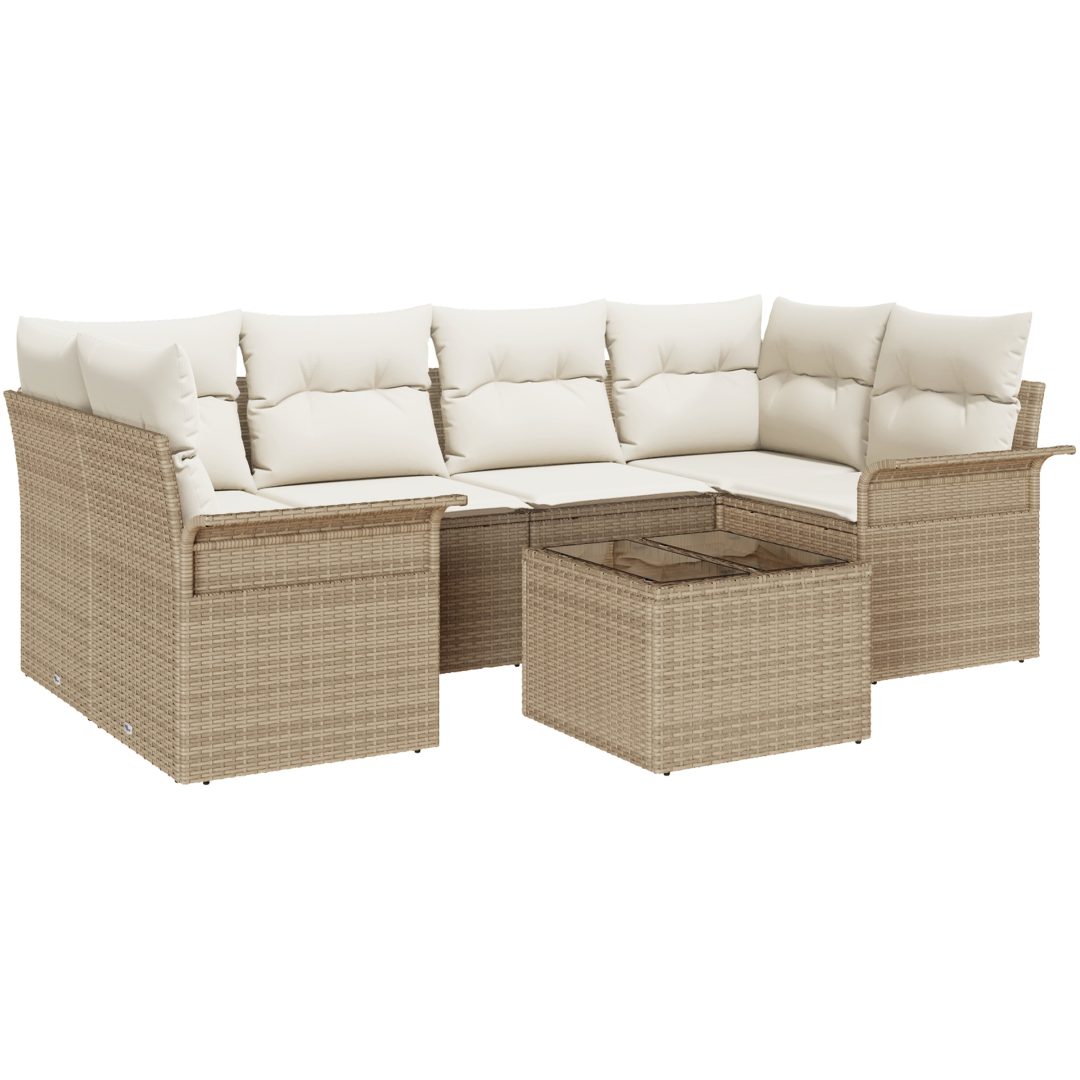 7-delars Trädgårdsoffagrupp med Kuddar Beige Poly Rattan vidaXL 55 x 55 x 37 cm – bild 2