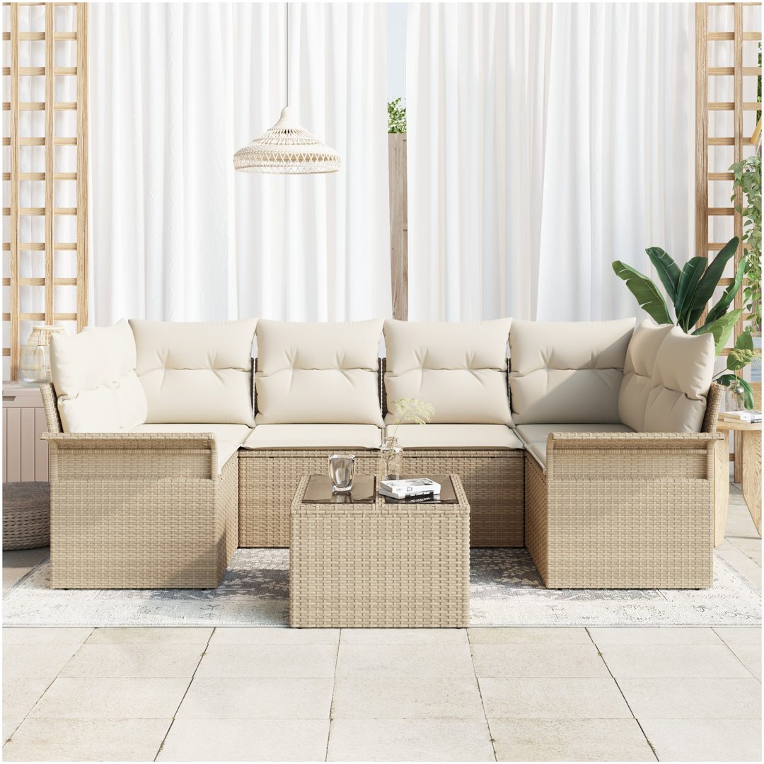 7-delars Trädgårdsoffagrupp med Kuddar Beige Poly Rattan vidaXL 55 x 55 x 37 cm – bild 3