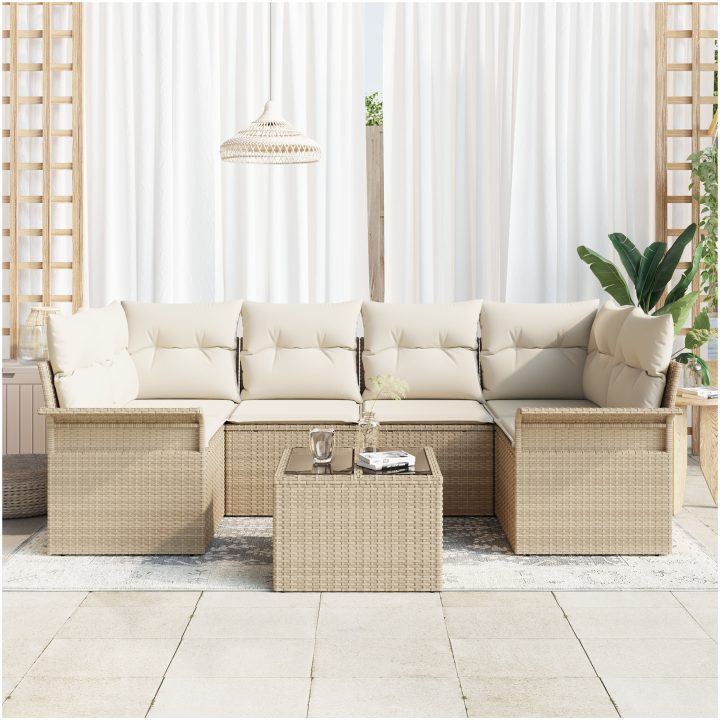 7-delars Trädgårdsoffagrupp med Kuddar Beige Poly Rattan vidaXL 55 x 55 x 37 cm – bild 3