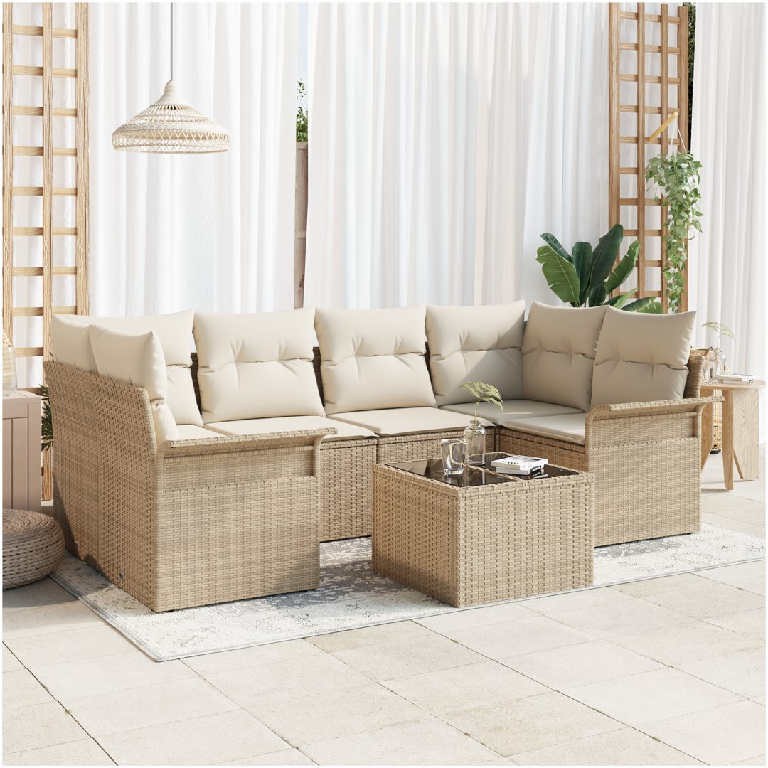 7-delars Trädgårdsoffagrupp med Kuddar Beige Poly Rattan vidaXL 55 x 55 x 37 cm