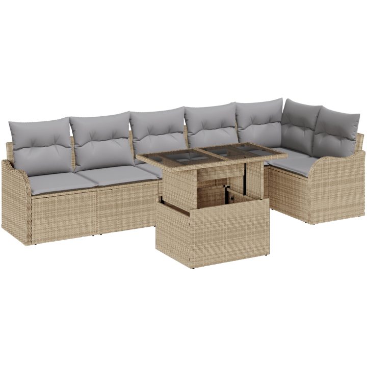7 Delars Trädgårdsoffagrupp med Kuddar Beige Poly Rottning vidaXL Stor – bild 2