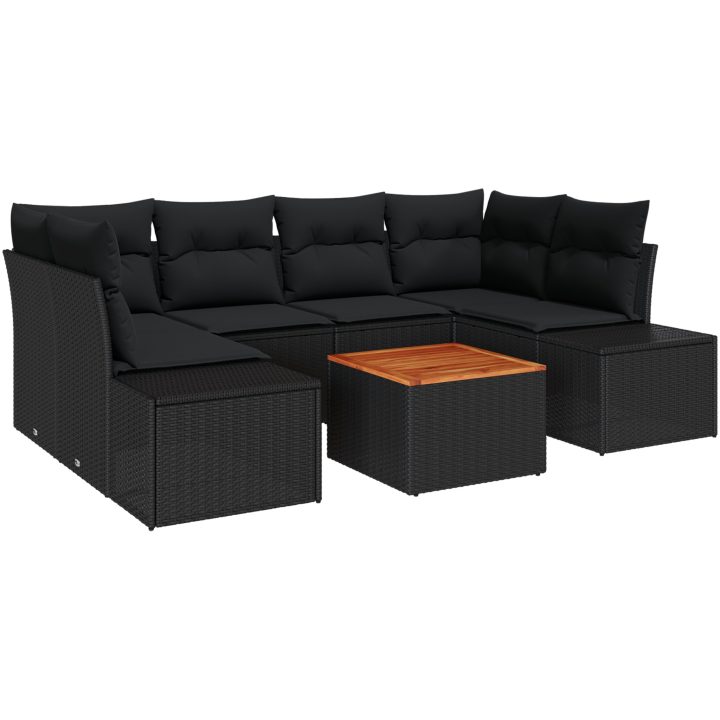 7-delars trädgårdsoffagrupp med kuddar i svart poly rattan och akaciaträ vidaXL 55 x 55 x 37 cm – bild 2