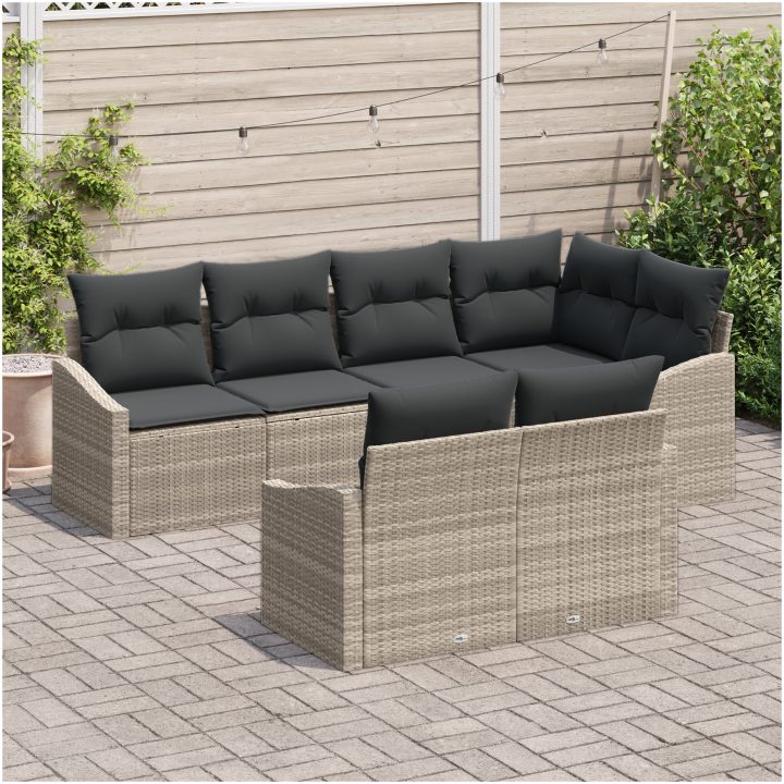 7-delars trädgårdsoffagrupp med kuddar ljusgrå poly rattan vidaXL 233.5 x 123.5 x 85 cm – bild 3