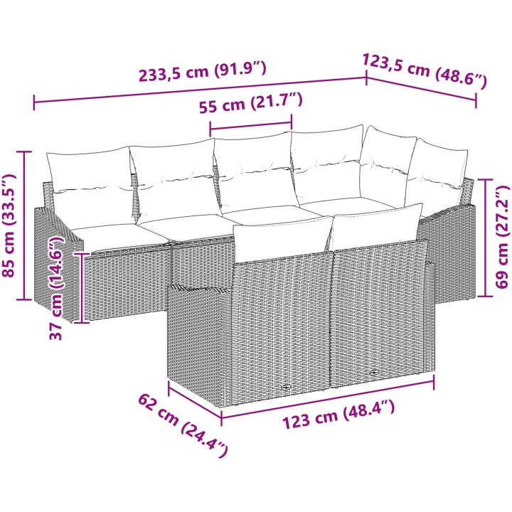 7-delars trädgårdsoffagrupp med kuddar ljusgrå poly rattan vidaXL 233.5 x 123.5 x 85 cm – bild 8