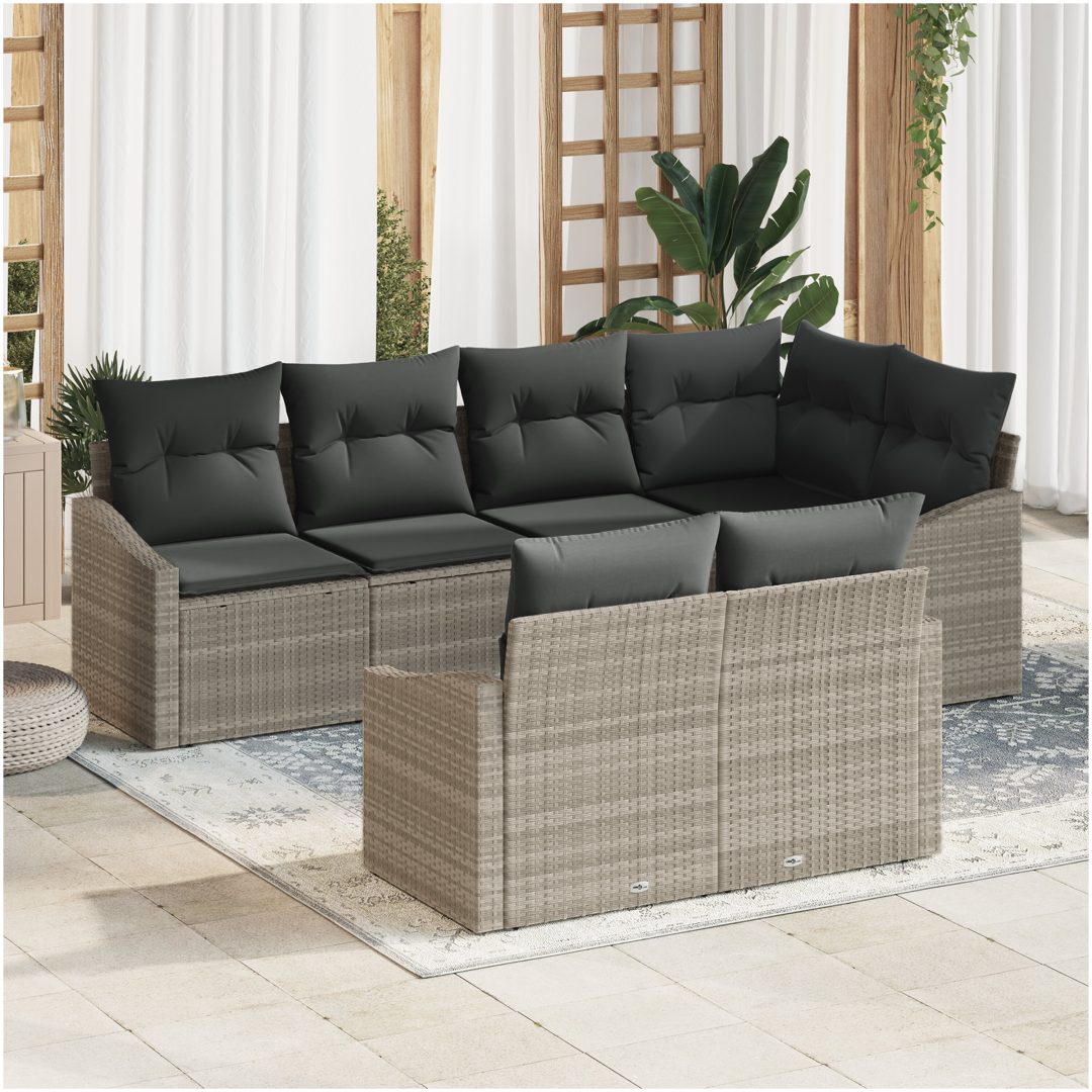 7-delars trädgårdsoffagrupp med kuddar ljusgrå poly rattan vidaXL 233.5 x 123.5 x 85 cm