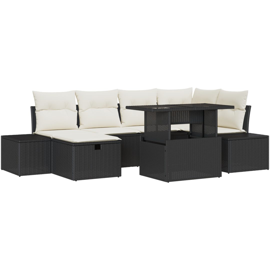 7-delars trädgårdsoffagrupp med kuddar, svart poly-rattan vidaXL 100 x 55 x 73 cm – bild 2