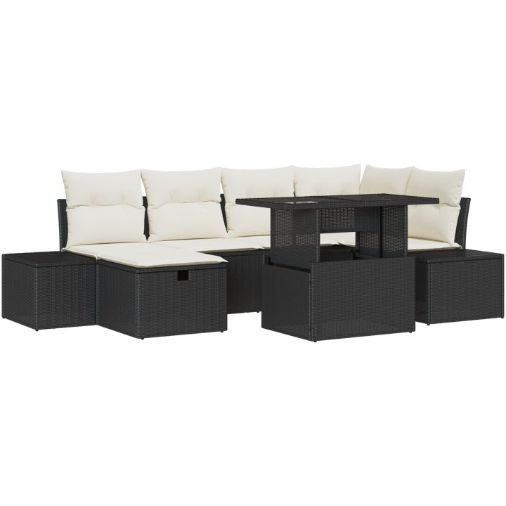7-delars trädgårdsoffagrupp med kuddar, svart poly-rattan vidaXL 100 x 55 x 73 cm – bild 2