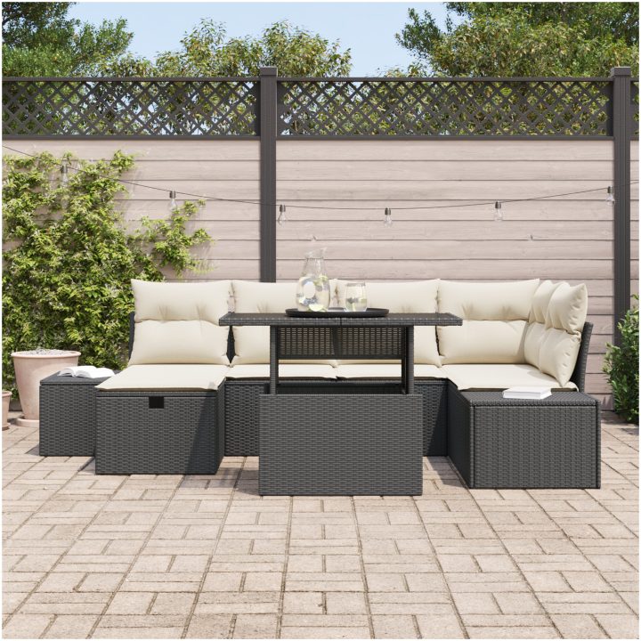 7-delars trädgårdsoffagrupp med kuddar, svart poly-rattan vidaXL 100 x 55 x 73 cm – bild 3