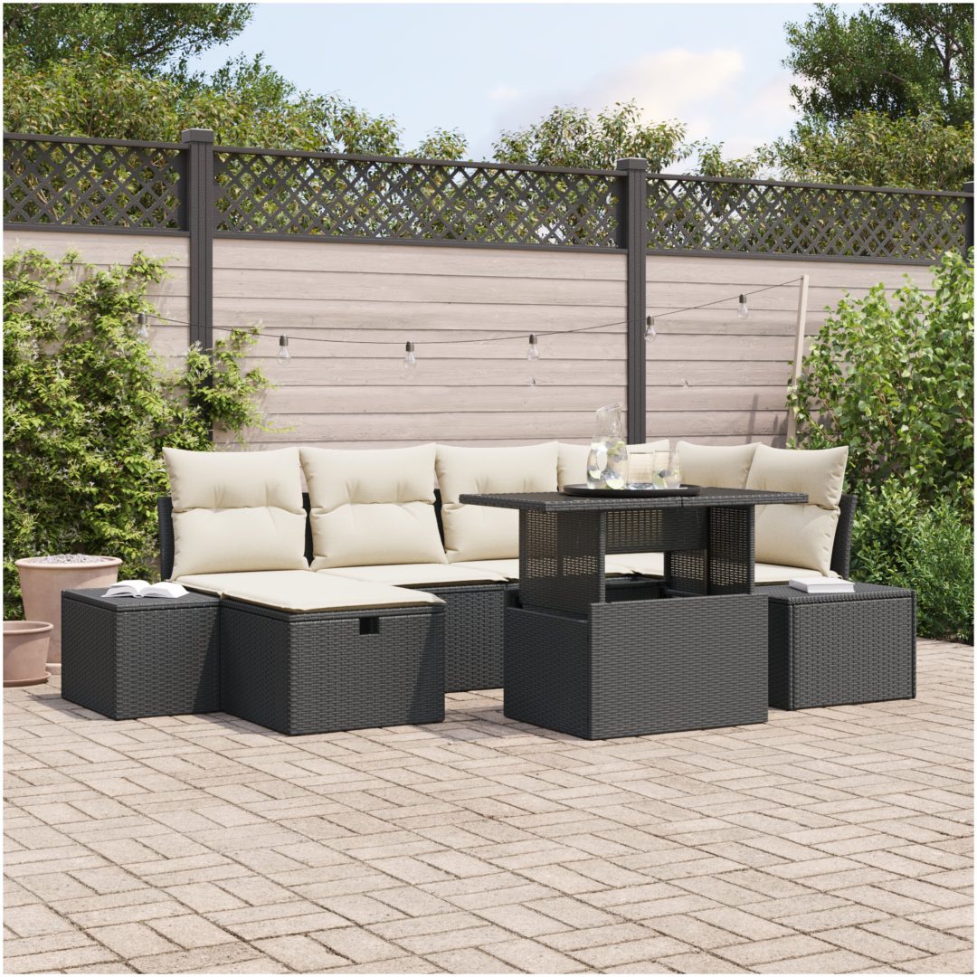7-delars trädgårdsoffagrupp med kuddar, svart poly-rattan vidaXL 100 x 55 x 73 cm