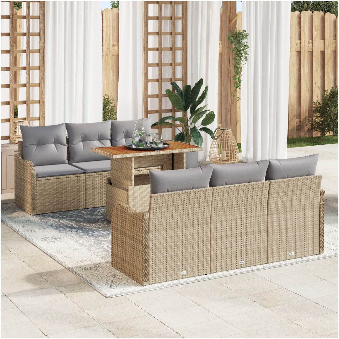 7-delars Trädgårdsoffamöbel med kuddar Beige Poly-Rotting vidaXL Enkel, 121 x 62 x 69 cm, 100 cm x 55 cm x 73 cm