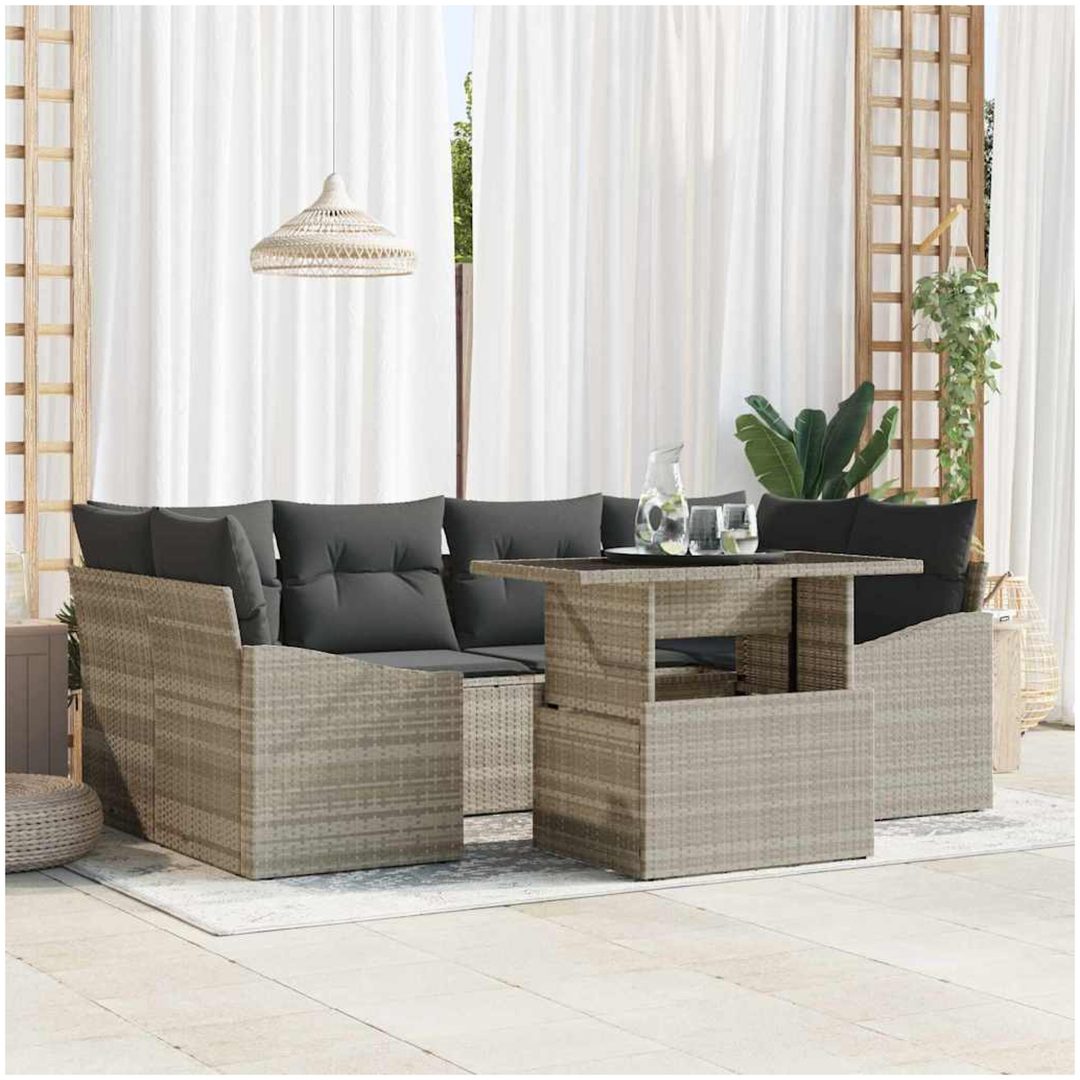 7-delars Trädgårdsoffapset med Kuddar Ljusgrå Poly Rattan vidaXL 100 x 55 x 73 cm