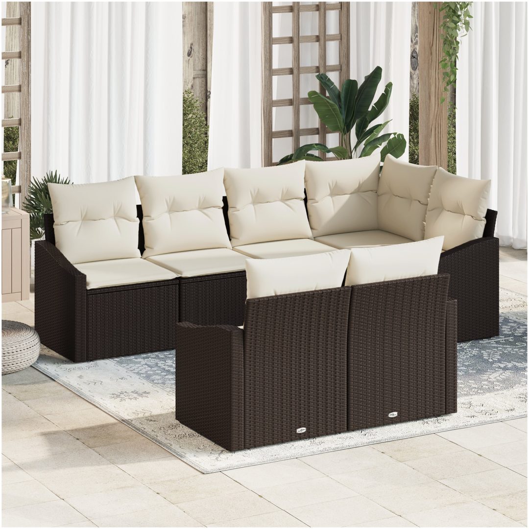 7-delars trädgårdsoffas med kuddar Brun Poly Rattan vidaXL 233.5 x 123.5 x 85 cm