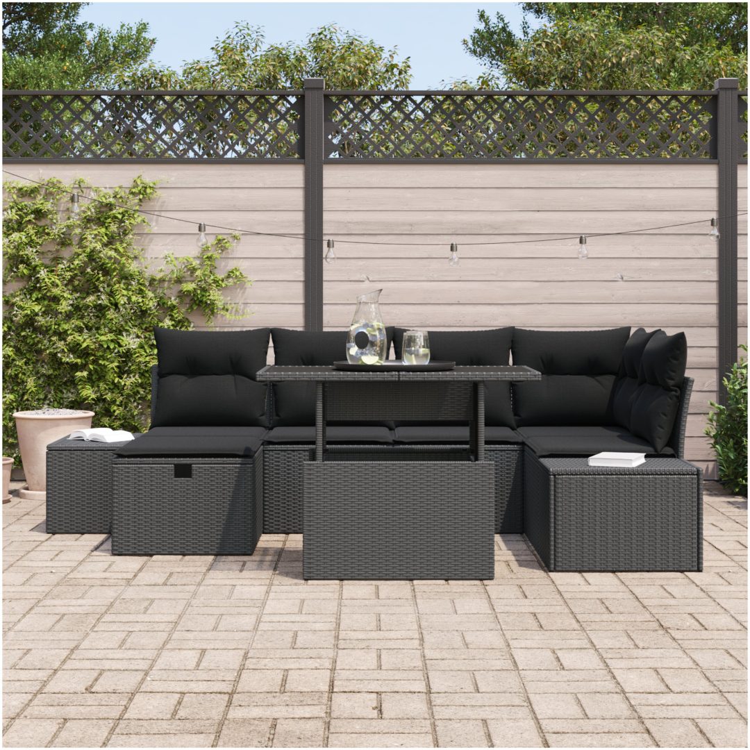 7-delars trädgårdsoffas med kuddar svart konstrotting vidaXL 100 x 55 x 73 cm – bild 3