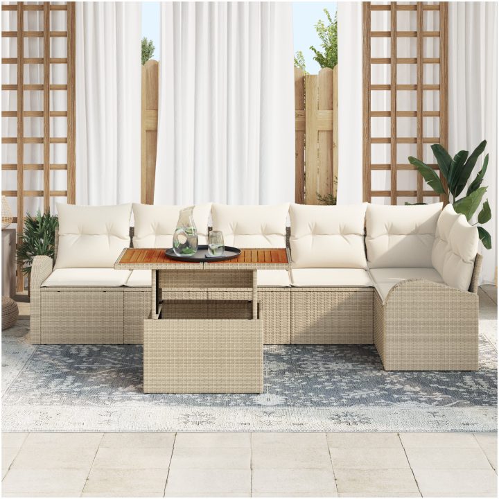 7 Delars Trädgårdsoffas Set med Kuddar Beige Poly Rattan vidaXL Stor – bild 3