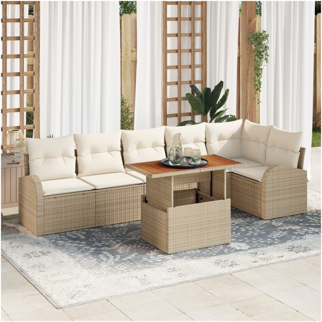 7 Delars Trädgårdsoffas Set med Kuddar Beige Poly Rattan vidaXL Stor