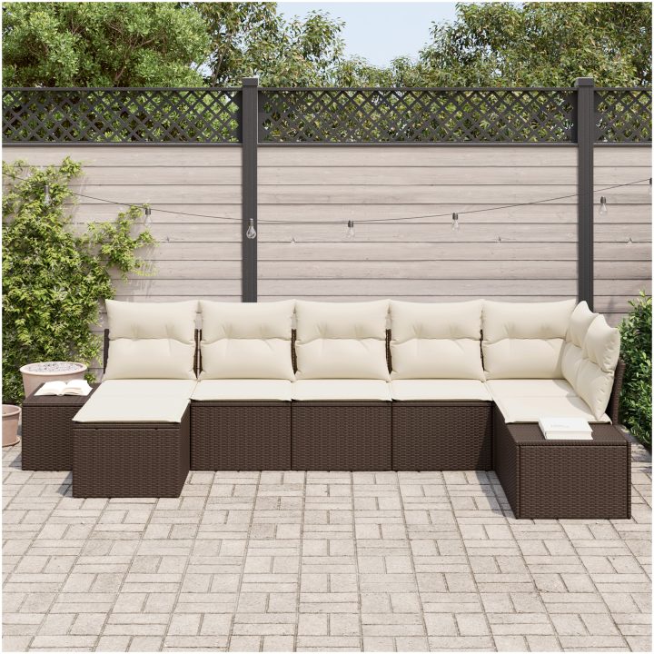 7-delars trädgårdsoffasats med kuddar brun poly rattan vidaXL 319 x 154 x 69 cm – bild 3