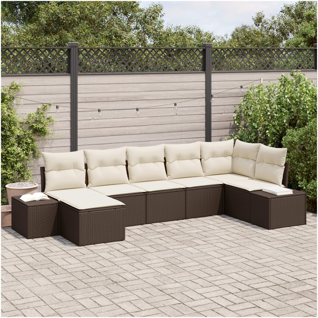 7-delars trädgårdsoffasats med kuddar brun poly rattan vidaXL 319 x 154 x 69 cm