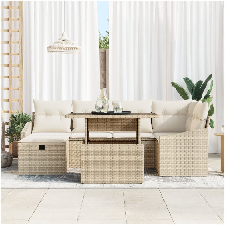 7-delars trädgårdsoffaset med beige kuddar i polyrotting vidaXL 100 x 55 x 73 cm – bild 3