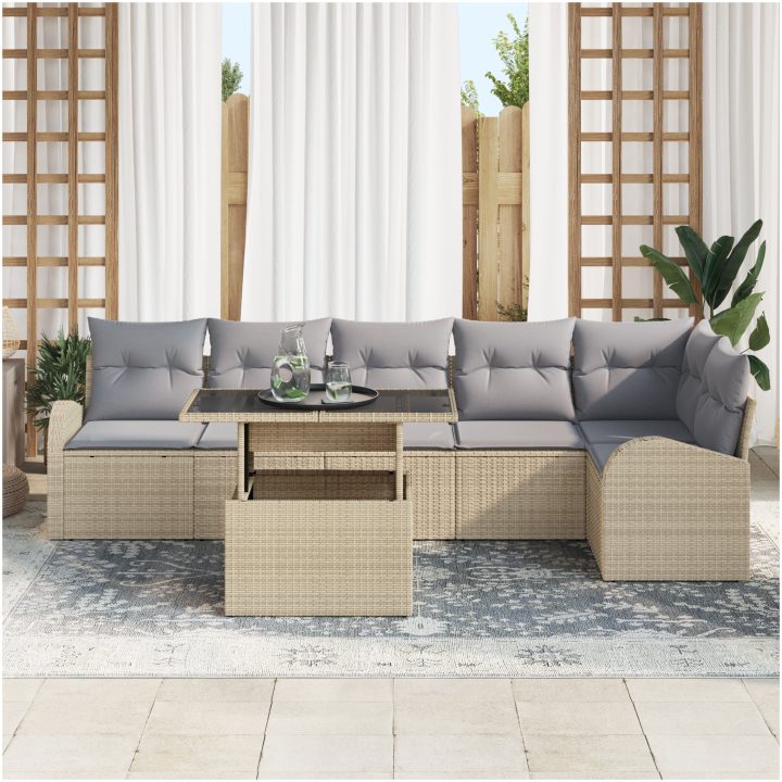7 Delars Trädgårdsoffaset med Kuddar Beige Poly Rattan vidaXL 100 x 55 x 73 cm – bild 3
