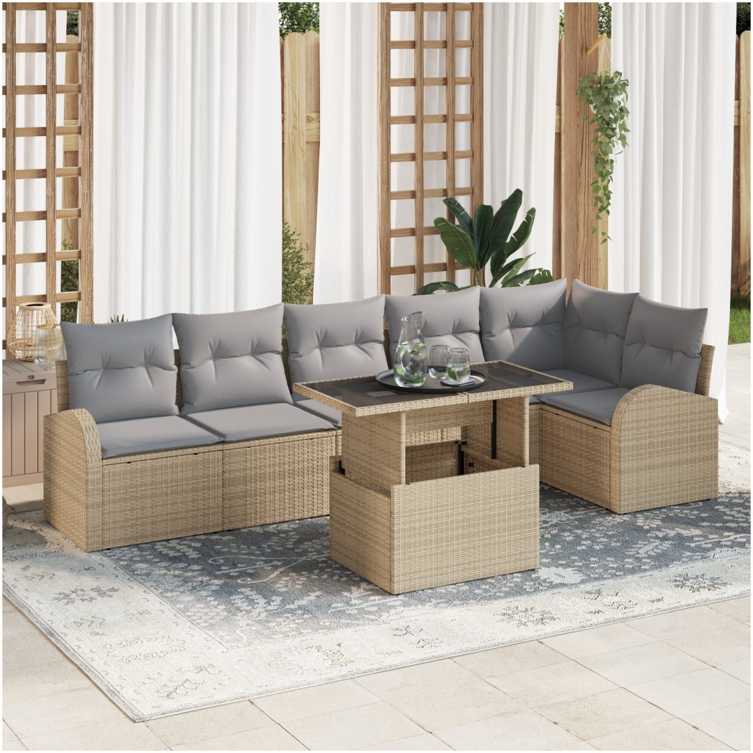 7 Delars Trädgårdsoffaset med Kuddar Beige Poly Rattan vidaXL 100 x 55 x 73 cm