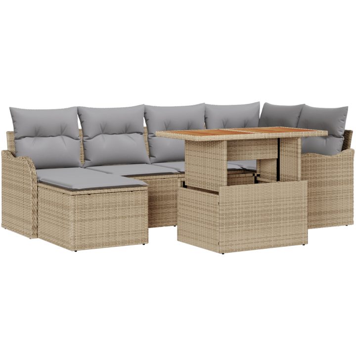 7-delars trädgårdsoffaset med kuddar Beige poly rotting Akacia vidaXL Medium – bild 2