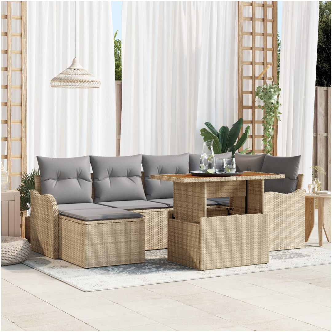 7-delars trädgårdsoffaset med kuddar Beige poly rotting Akacia vidaXL Medium