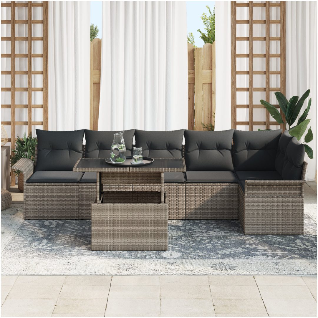 7-delars trädgårdsoffaset med kuddar Grå Poly Rattan vidaXL 100 x 55 x 73 cm – bild 3