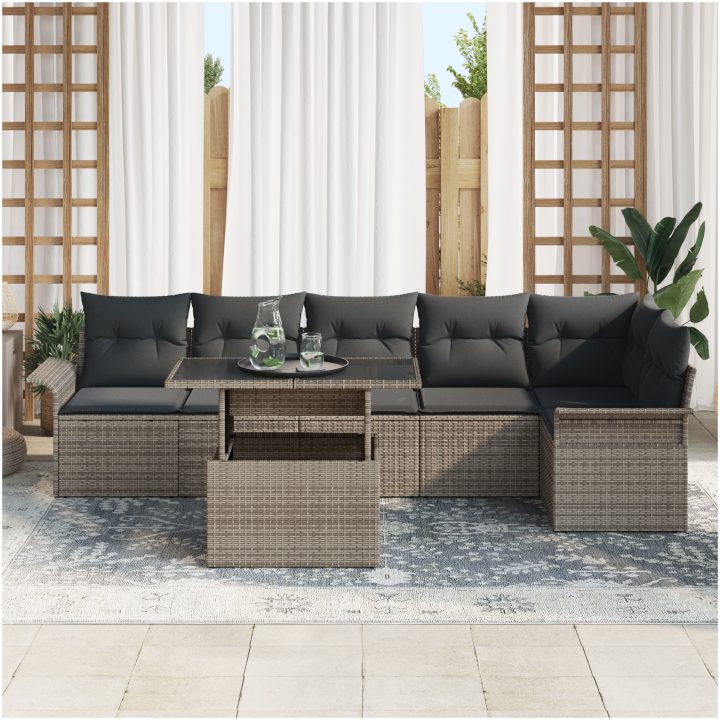 7-delars trädgårdsoffaset med kuddar Grå Poly Rattan vidaXL 100 x 55 x 73 cm – bild 3