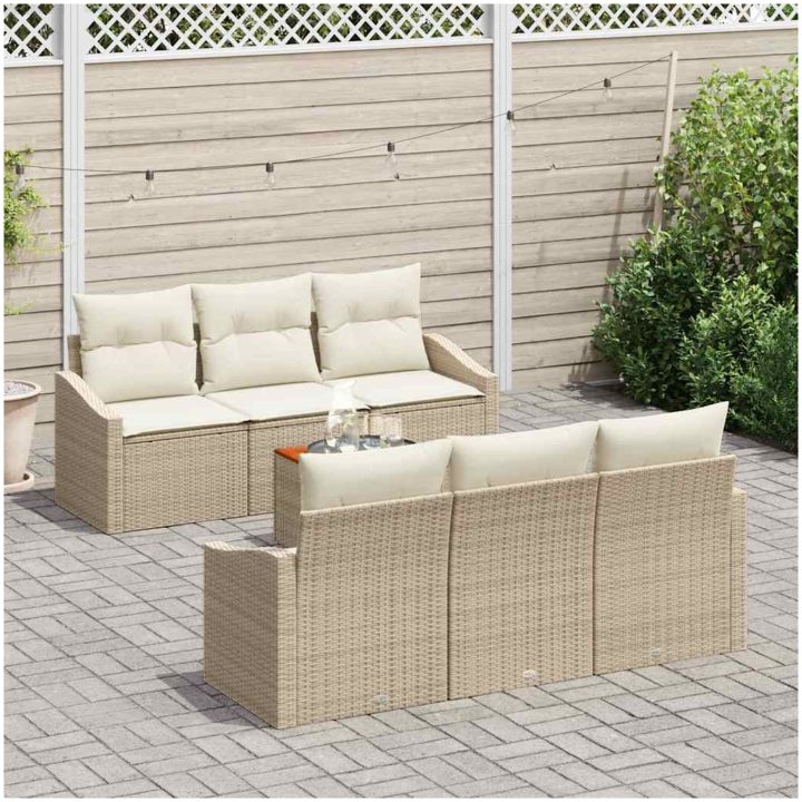 7-delars trädgårdsoffaset med kuddar i beige poly-rattan och akacia vidaXL 55 x 55 x 37 cm – bild 3
