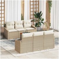 7-delars trädgårdsoffaset med kuddar i beige poly-rattan och akacia vidaXL