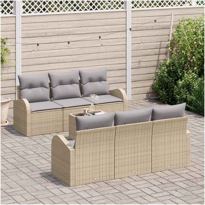 7-delars trädgårdsoffaset med kuddar i beige polyrotting vidaXL Medium – bild 3