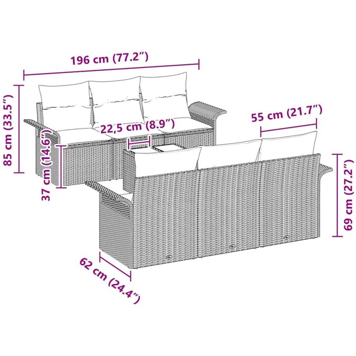 7-delars trädgårdsoffaset med kuddar i svart konstrotting vidaXL 55 x 55 x 37 cm – bild 11