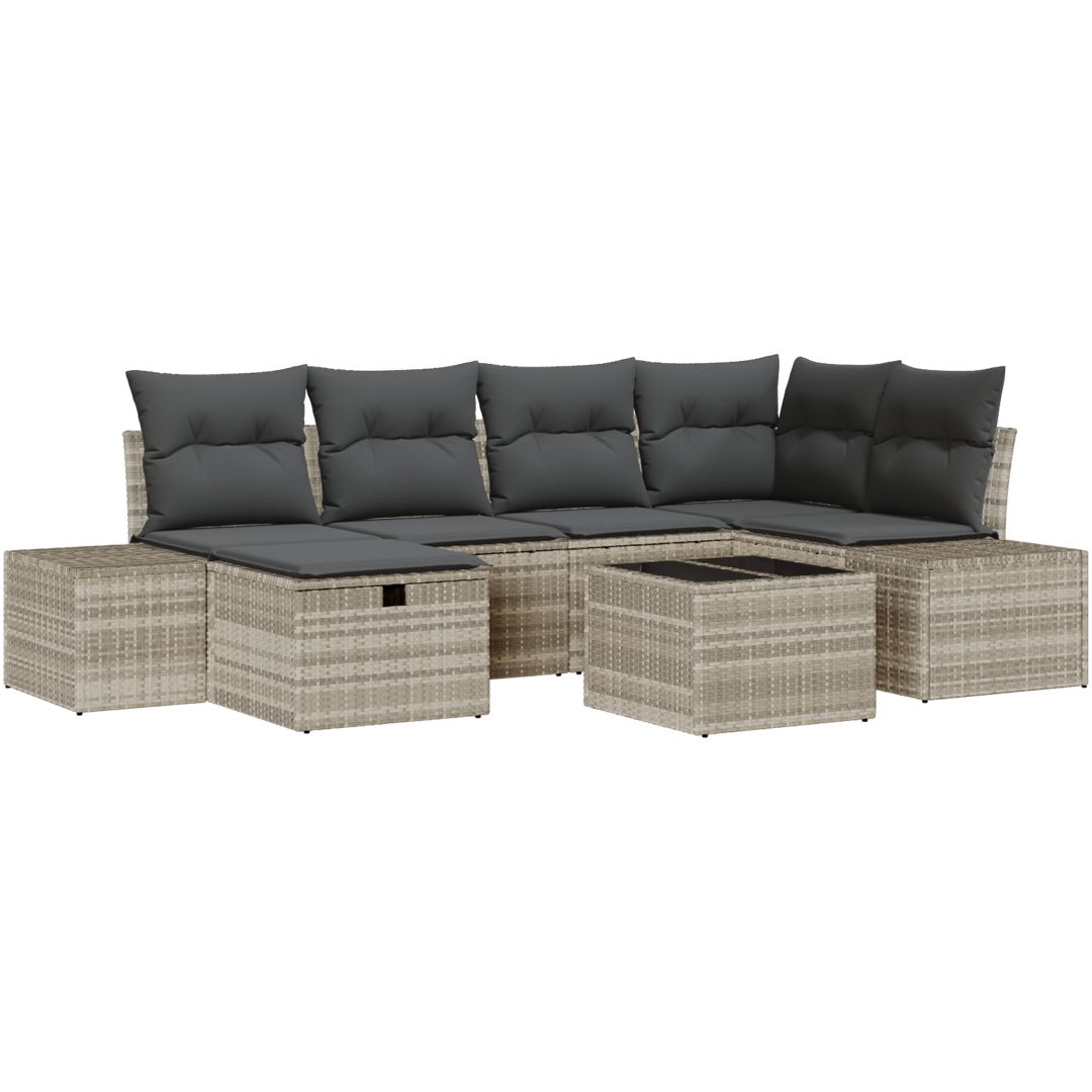 7-delars trädgårdsoffaset med kuddar, ljusgrå poly-rattan vidaXL 55 x 55 x 37 cm – bild 2
