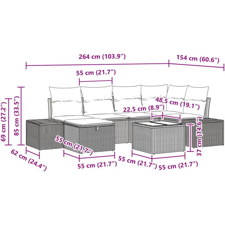 7-delars trädgårdsoffaset med kuddar, ljusgrå poly-rattan vidaXL 55 x 55 x 37 cm – bild 11