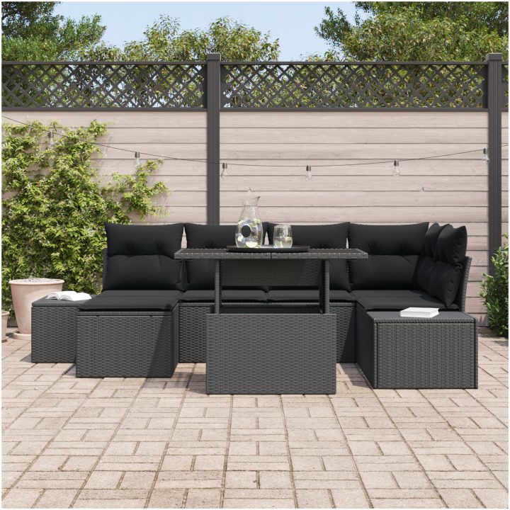 7-delars Trädgårdsoffaset med kuddar - Svart Poly Rattan vidaXL 100 x 55 x 73 cm – bild 3