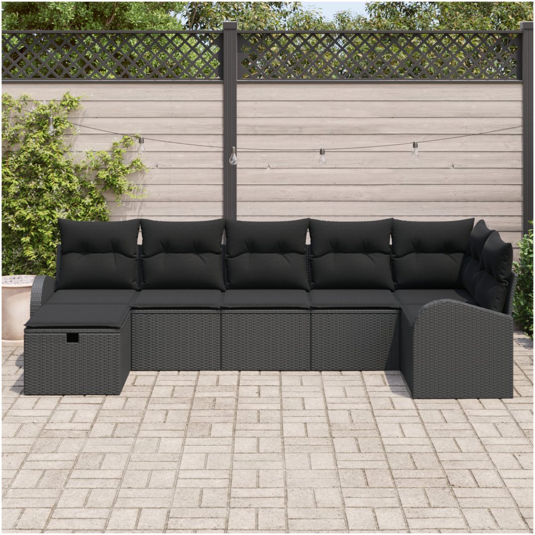 7 Delars Trädgårdsoffaset med kuddar Svart Poly Rattan vidaXL 289 x 124 x 85 cm – bild 3