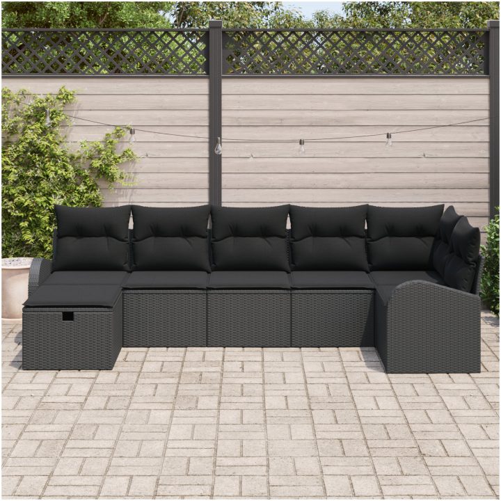 7 Delars Trädgårdsoffaset med kuddar Svart Poly Rattan vidaXL 289 x 124 x 85 cm – bild 3