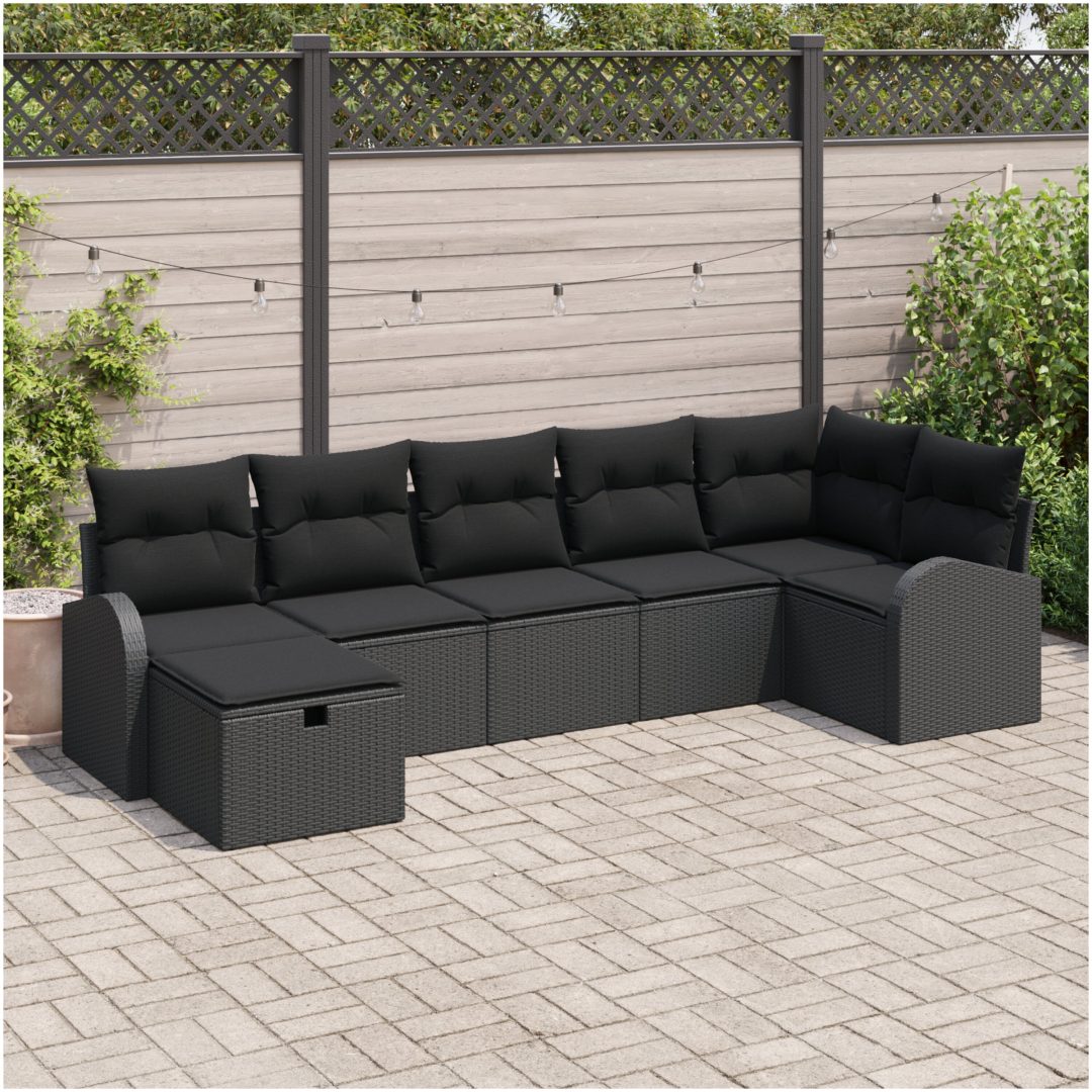 7 Delars Trädgårdsoffaset med kuddar Svart Poly Rattan vidaXL 289 x 124 x 85 cm
