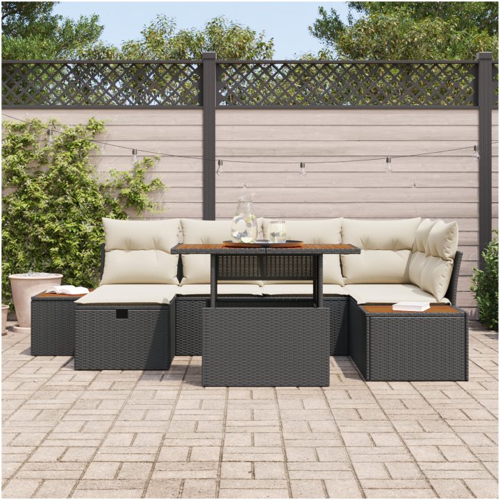 7-delars Trädgårdsoffaset med kuddar Svart Poly-Rotting vidaXL 55 x 55 x 37 cm – bild 3