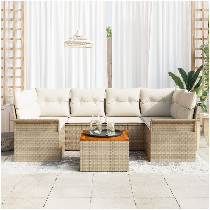 7-delars Trädgårdsoffasett med Kuddar Beige Poly Rattan Akacia vidaXL 55 x 55 x 37 cm – bild 3