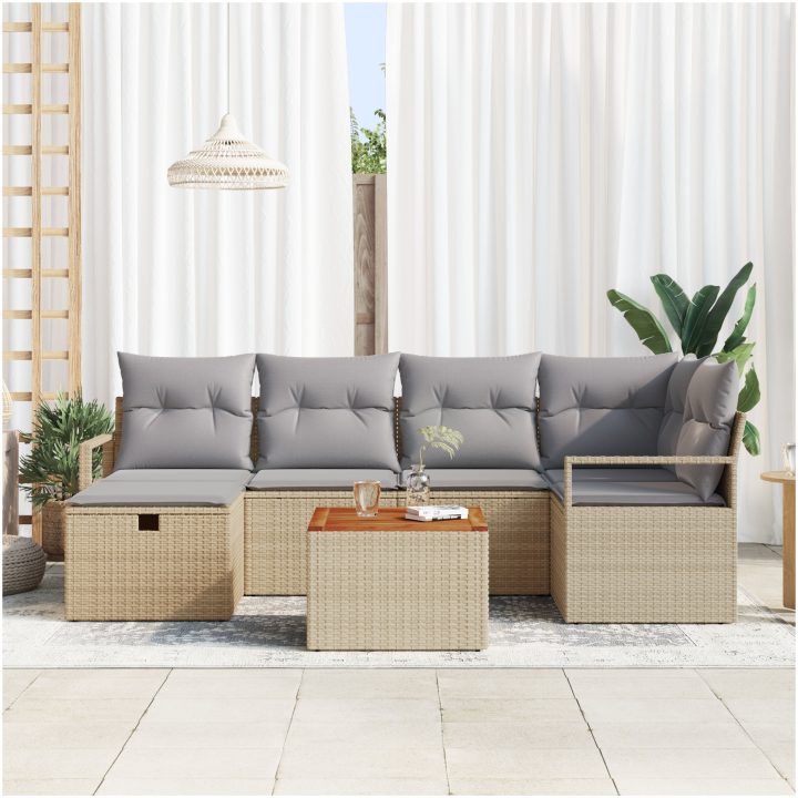 7-delars Trädgårdsoffasett med kuddar Beige Poly Rattan vidaXL Stor – bild 3