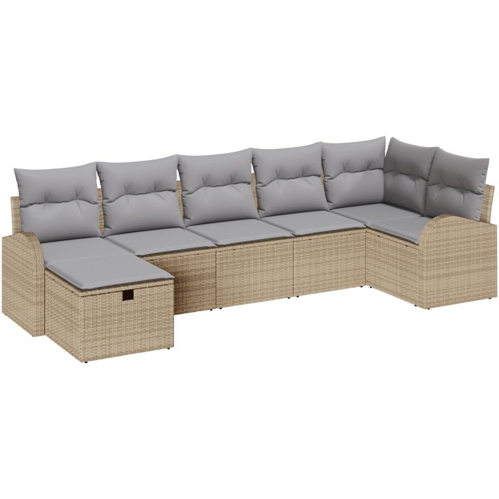 7-delars trädgårdsoffasett med kuddar beige poly rotting vidaXL 289 x 124 x 85 cm – bild 2