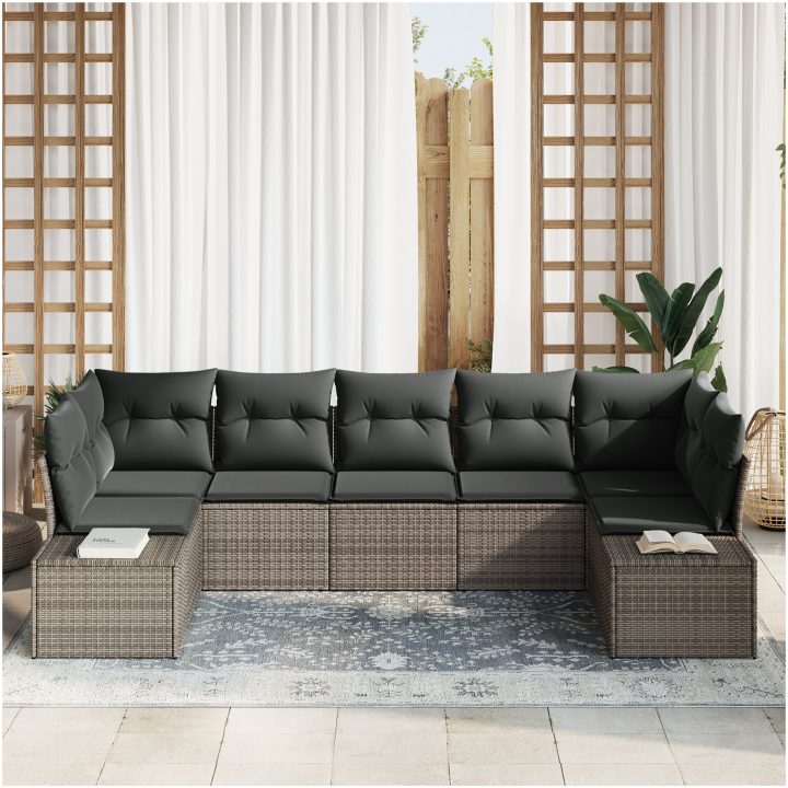 7-delars trädgårdsoffasett med kuddar Grå Poly Rattan vidaXL 289 x 154 x 85 cm – bild 3