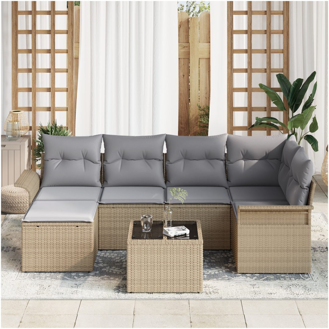 7-delars Trädgårdsoffasett med Kuddar Svart Poly Rottin vidaXL 55 x 55 x 37 cm – bild 3