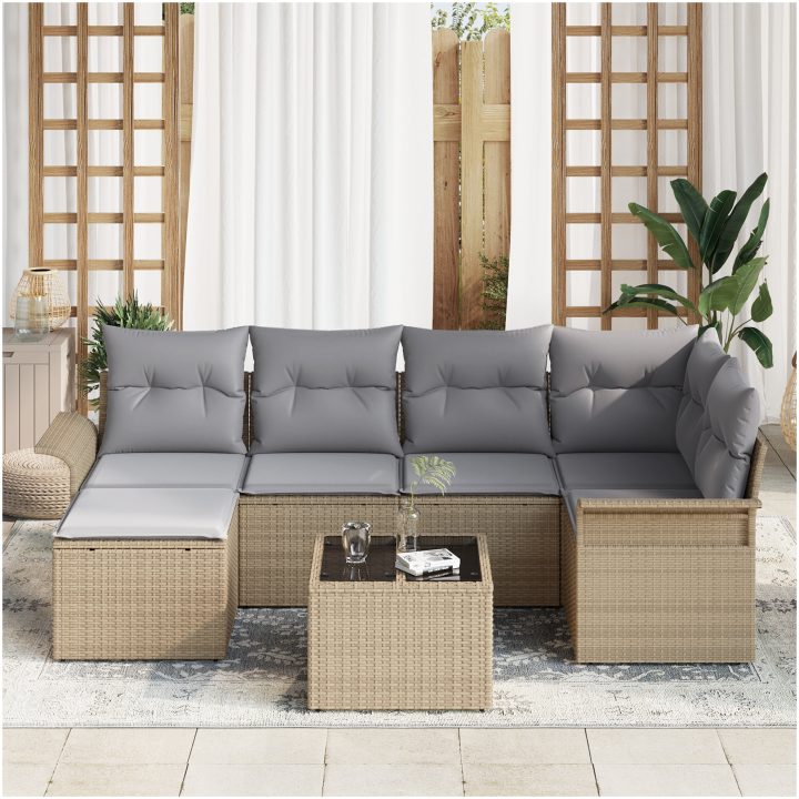 7-delars Trädgårdsoffasett med Kuddar Svart Poly Rottin vidaXL 55 x 55 x 37 cm – bild 3