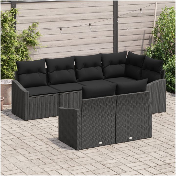 7-delars trädgårdsoffasett med kuddar Svart Poly Rottning vidaXL 233.5 x 123.5 x 85 cm – bild 3