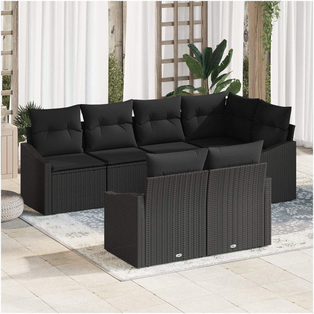 7-delars trädgårdsoffasett med kuddar Svart Poly Rottning vidaXL 233.5 x 123.5 x 85 cm