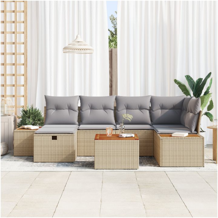 7-delars trädgårdsoffgrupp med beige kuddar i poly rattan vidaXL 55 x 55 x 37 cm – bild 3